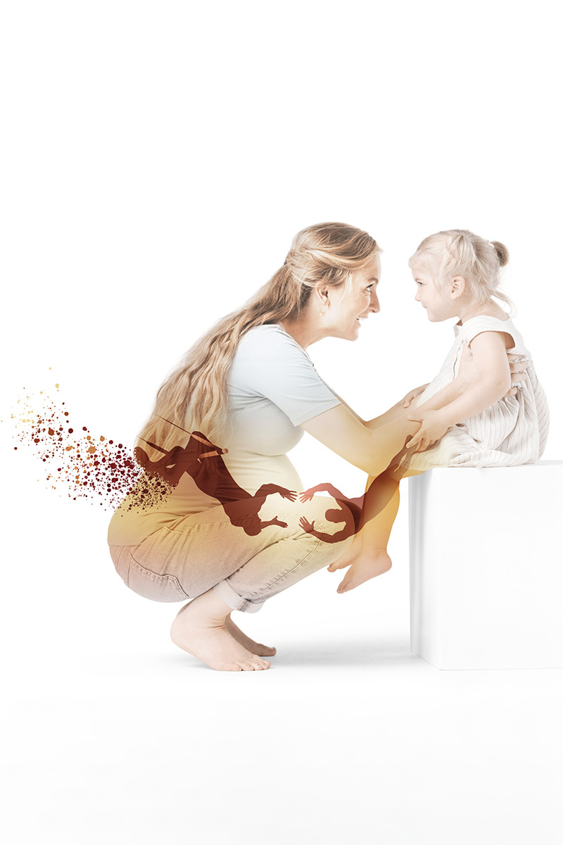 Mum smiles at her daughter. In the foreground are two trapeze artists, symbolising reliability Mum smiles at her daughter. In the foreground are two trapeze artists, symbolising reliability